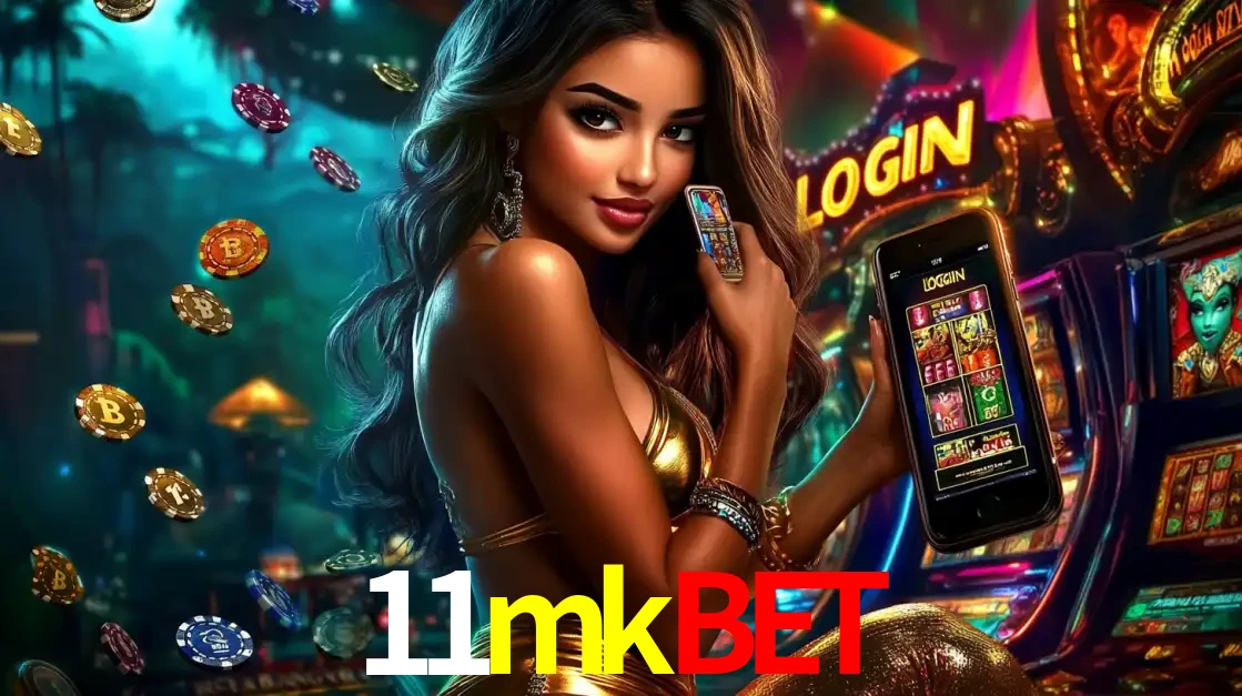 Mulher em um cenário de cassino temático de aventura, mostrando o app de caça-níqueis da 11mkbet no celular. Fichas de apostas flutuam ao redor.