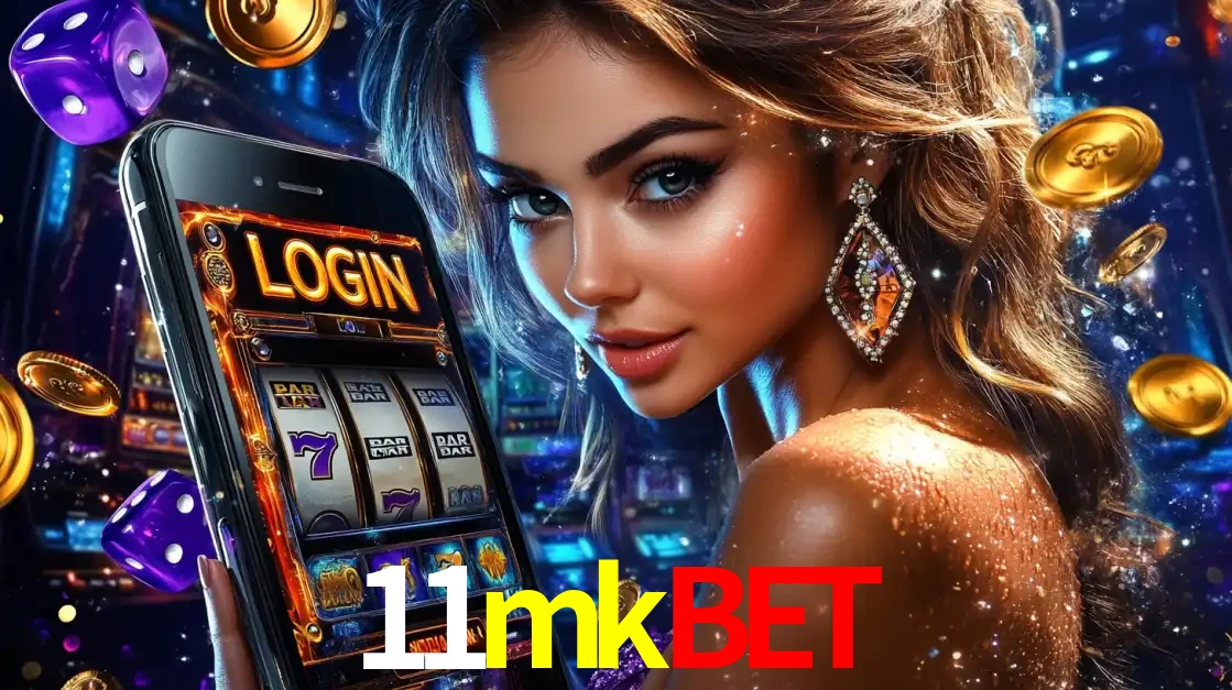 Mulher glamorosa segurando um smartphone com a tela de login para os jogos de caça-níqueis do cassino online 11mkbet, com moedas de ouro e dados ao redor.