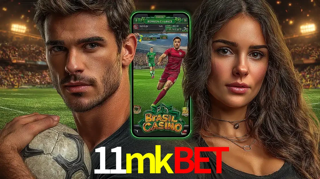 Homem segurando uma bola de futebol e uma mulher ao lado de um smartphone exibindo o jogo de apostas esportivas da 11mkbet. Faça seu palpite no cassino online.
